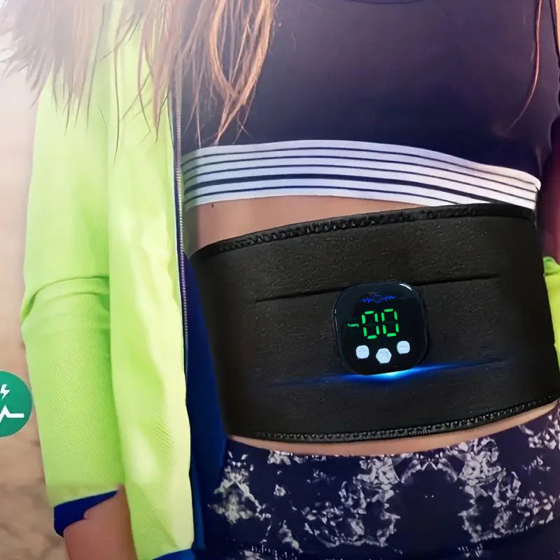 Person outdoors wearing black waist belt with digital display for muscle toning