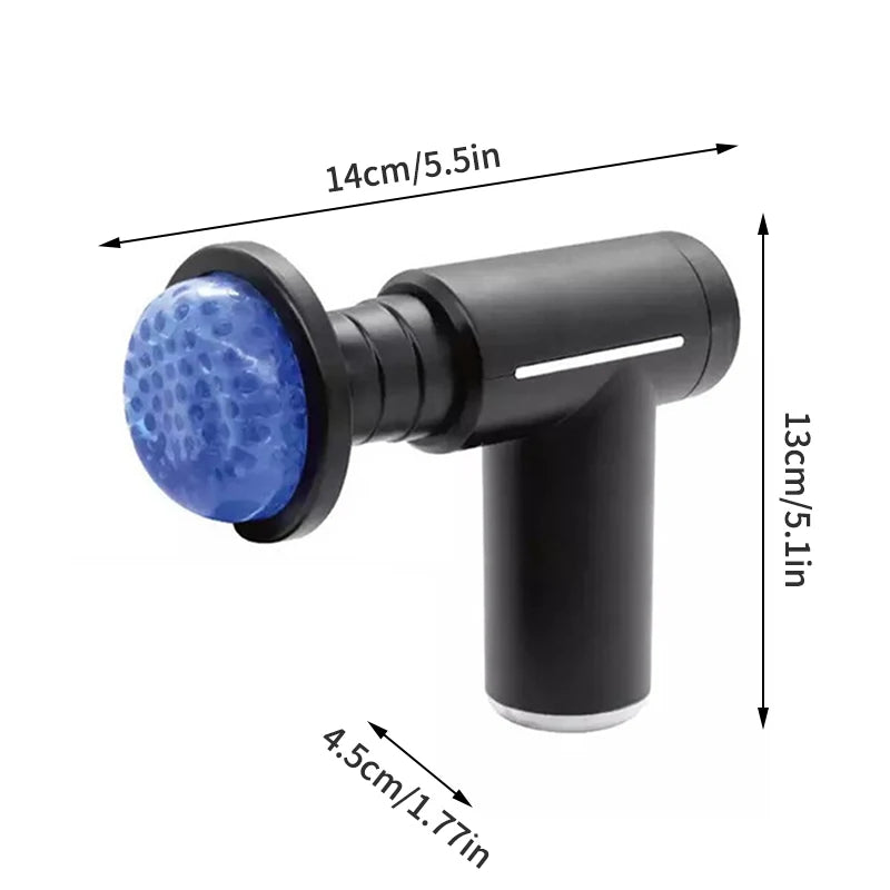 Compact handheld massage gun with ergonomic grip and blue textured head—portable design for on-the-go muscle recovery and deep tissue massage.