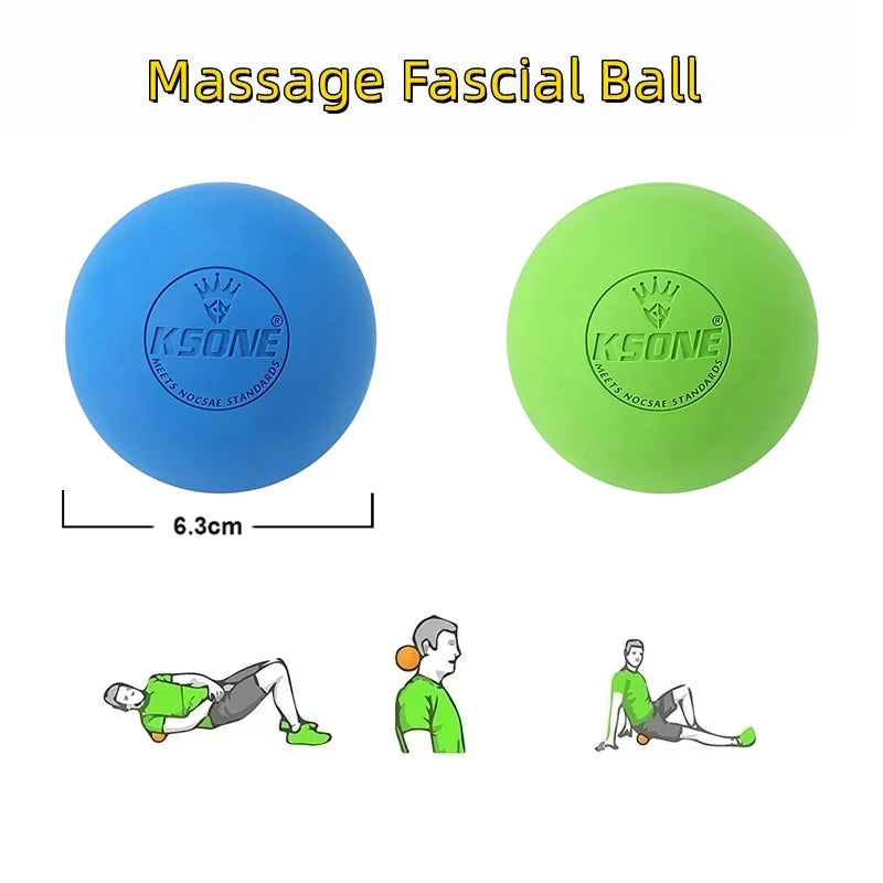 Blue and green fascia massage balls with diagrams showing back, neck, and lower back massage techniques