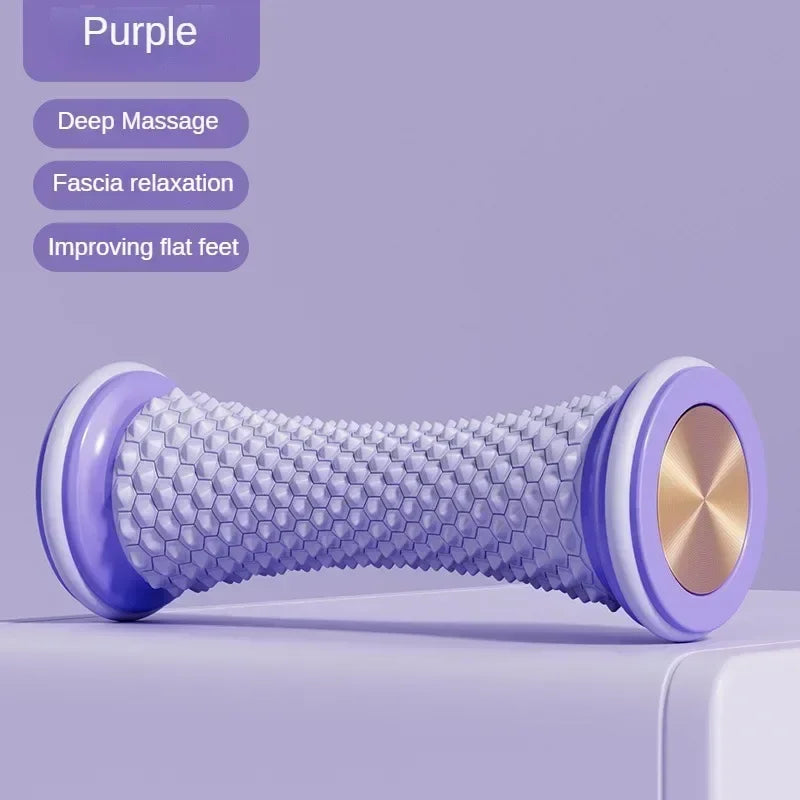 Purple massage roller designed for fascia relaxation and flat foot improvement with gold end caps