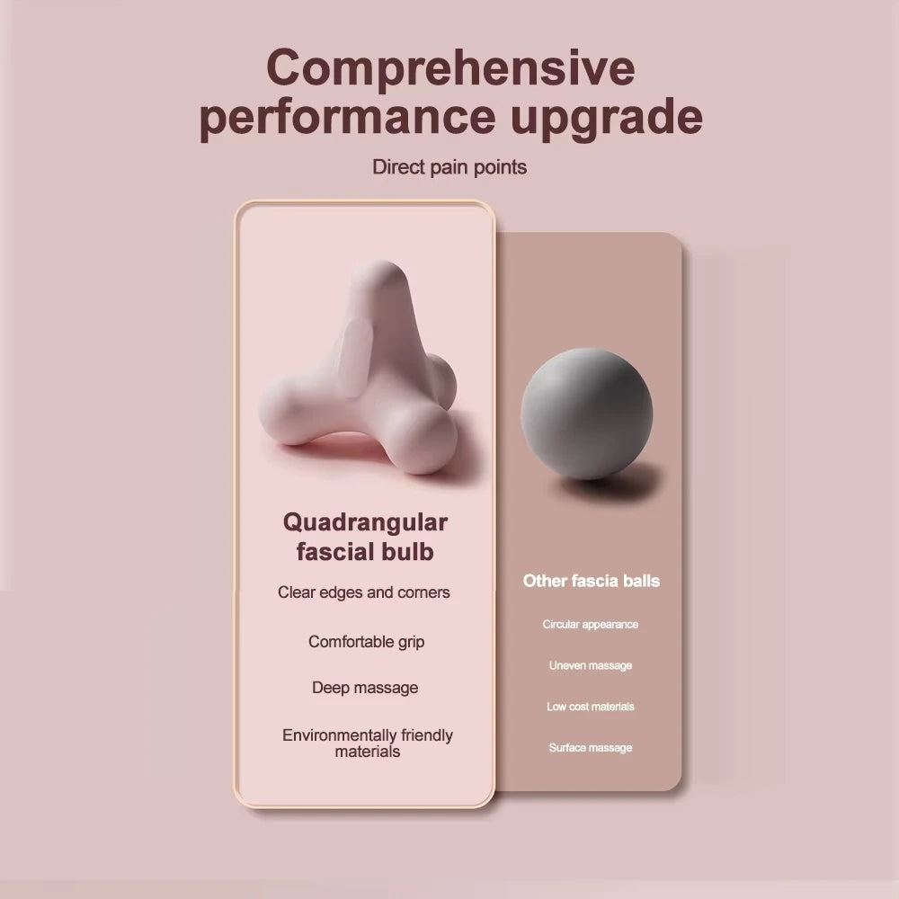 Side-by-side comparison of quadrangular fascia bulb and traditional spherical massage ball with feature highlights