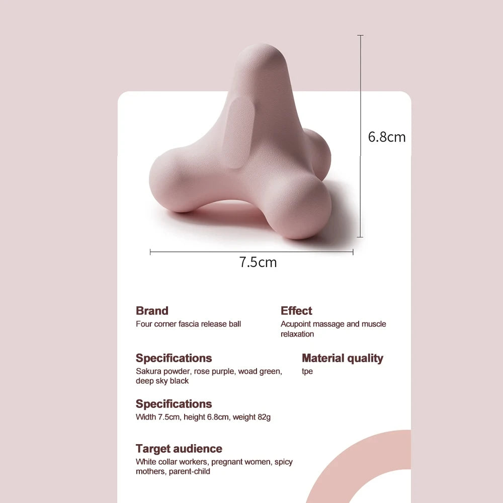 Four-pronged fascia massage ball with color options and specifications for white-collar, pregnant, and active users