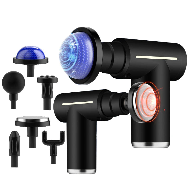 Professional hot and cold massage gun with six interchangeable heads for deep tissue relief, muscle recovery, and pain reduction—ideal for athletes and home therapy.