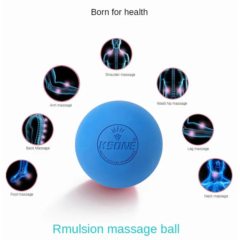 Blue massage ball surrounded by labeled body areas for targeted relief including shoulders, legs, and back