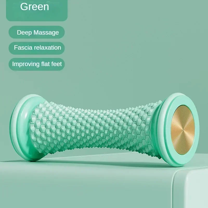 Green massage roller for foot therapy, designed to improve flat feet and relieve tension