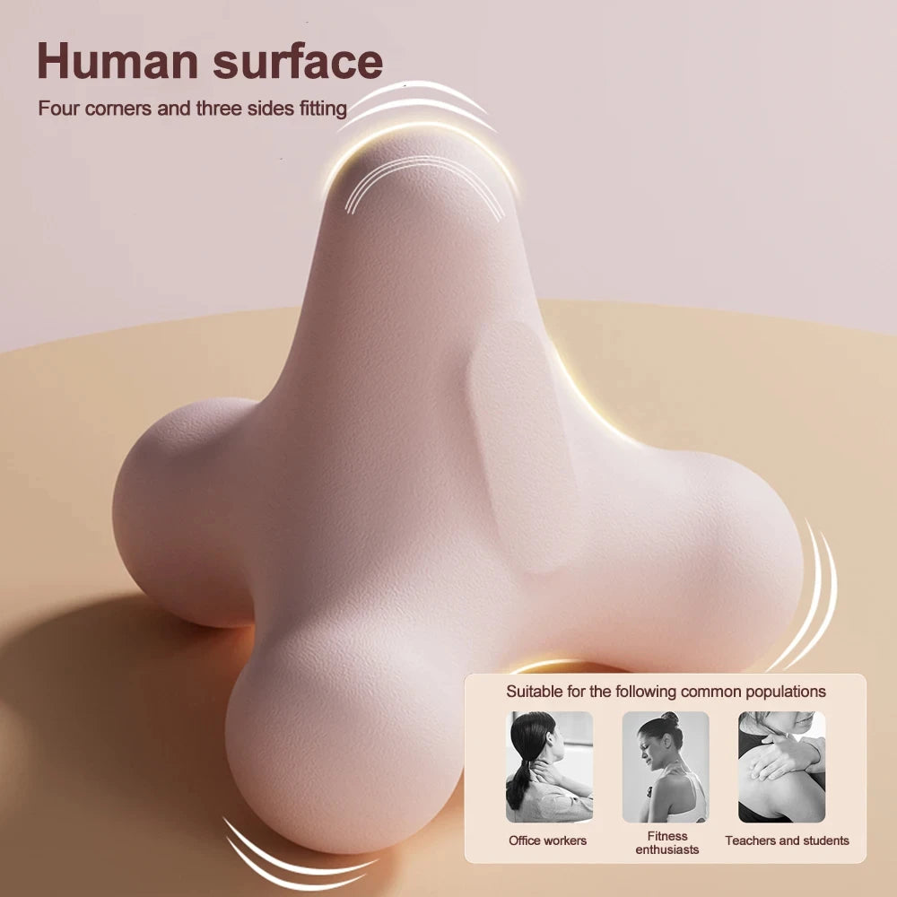 Soft pink ergonomic massage tool with labeled use cases for office workers, fitness enthusiasts, and students