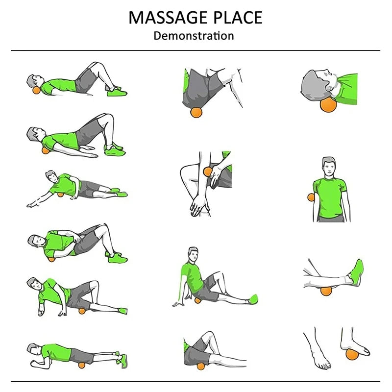 Visual guide showing twelve ways to use a massage ball on different muscle groups including neck, glutes, and calves