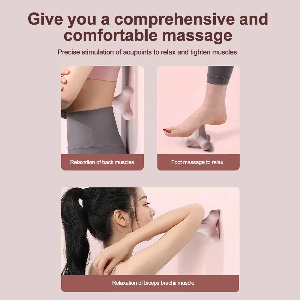 Three-panel graphic showing wall-mounted massage device used on back, foot, and biceps for acupoint stimulation