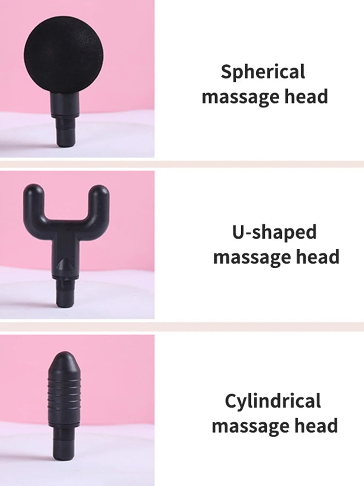 Versatile massage gun attachments for full-body therapy—spherical, U-shaped, and bullet heads target neck, spine, and deep muscle knots.