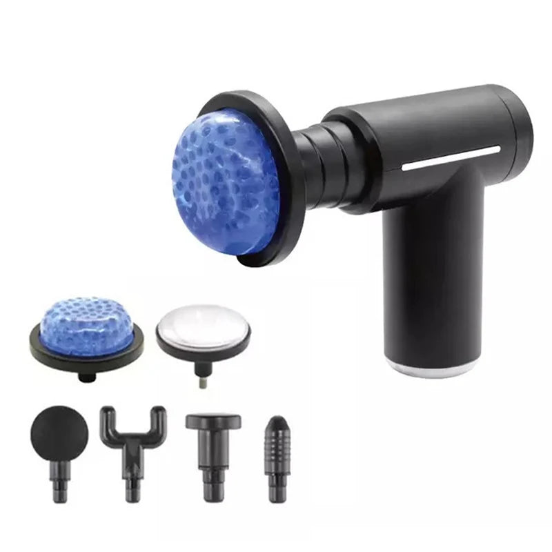 Professional massage gun with six therapy heads—hot/cold compress and multi-head system for personalized muscle relief and recovery.