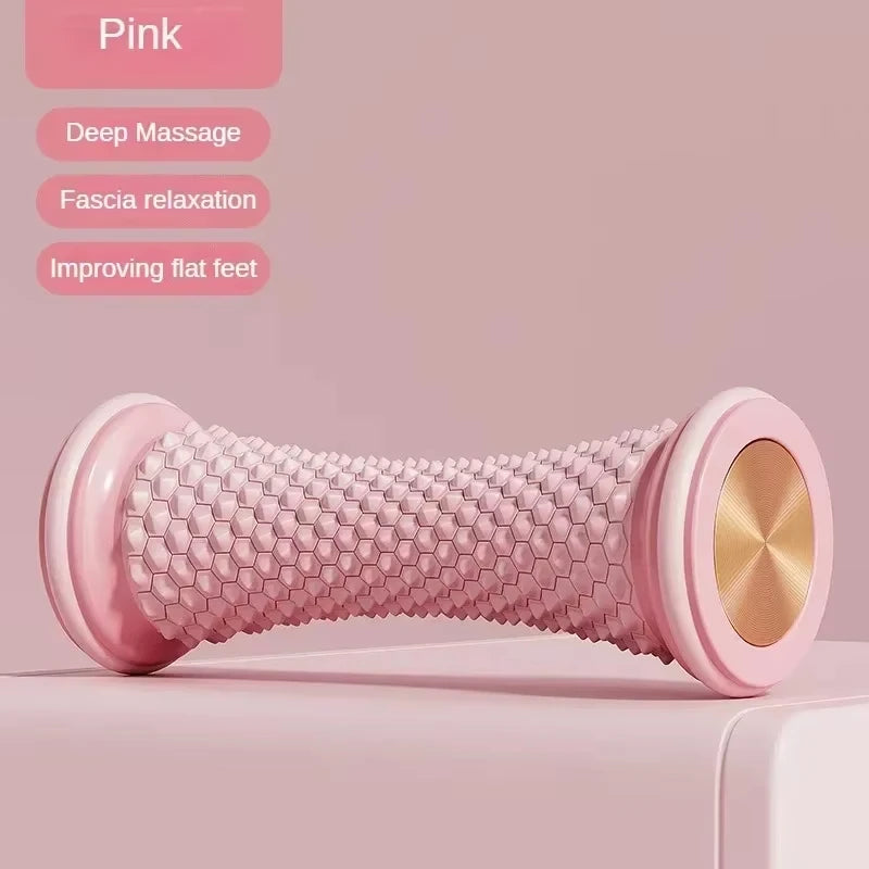 Pink foot massage roller with honeycomb pattern for deep fascia massage and flat foot support