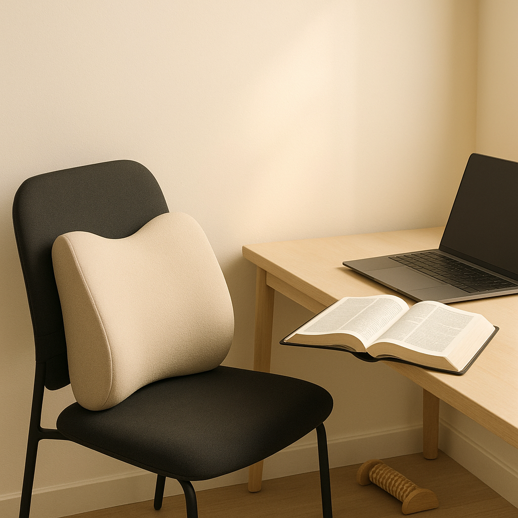 Warm Christian desk setup with a lumbar cushion, foot roller, open Bible, and soft natural light on a calm cream background.