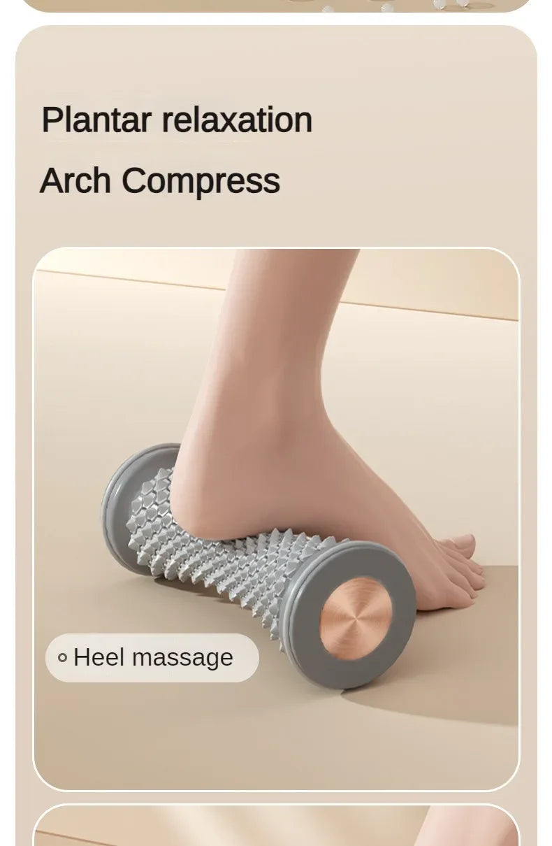 Foot applying pressure to roller for arch and heel relief