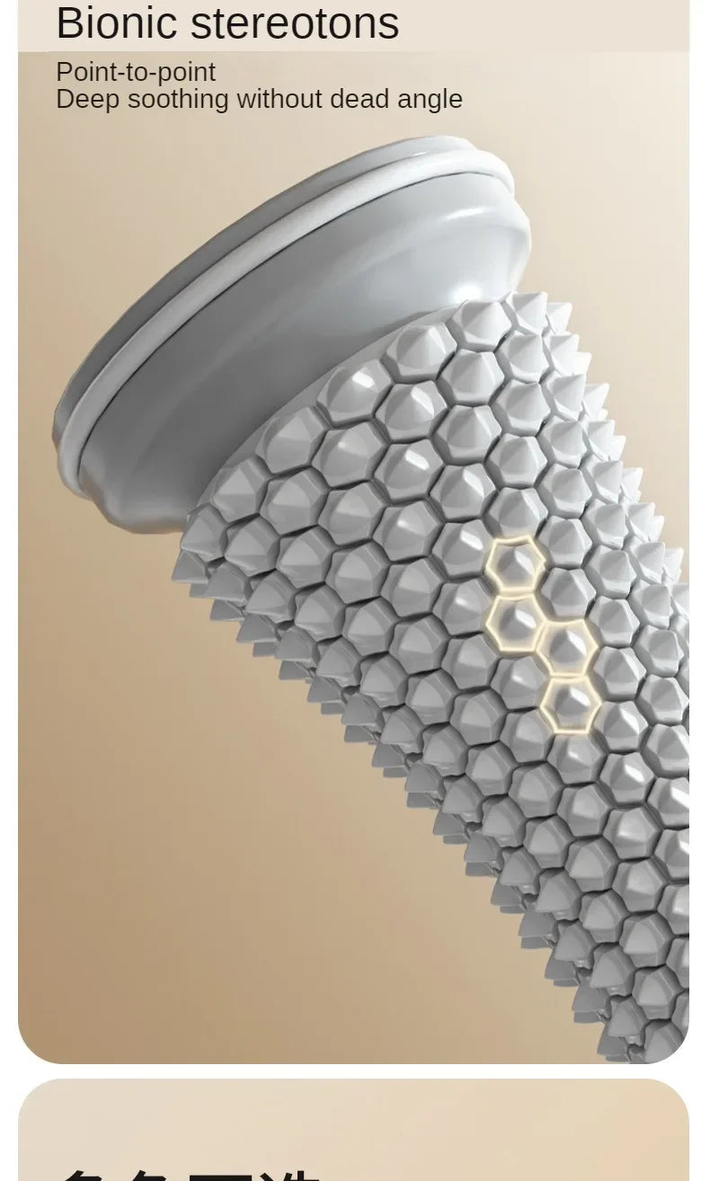 Close-up of massage roller with bionic hexagonal texture for deep point-to-point stimulation