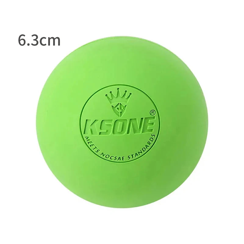 Close-up of green KSONE massage ball with crown logo and NOCSAE compliance text