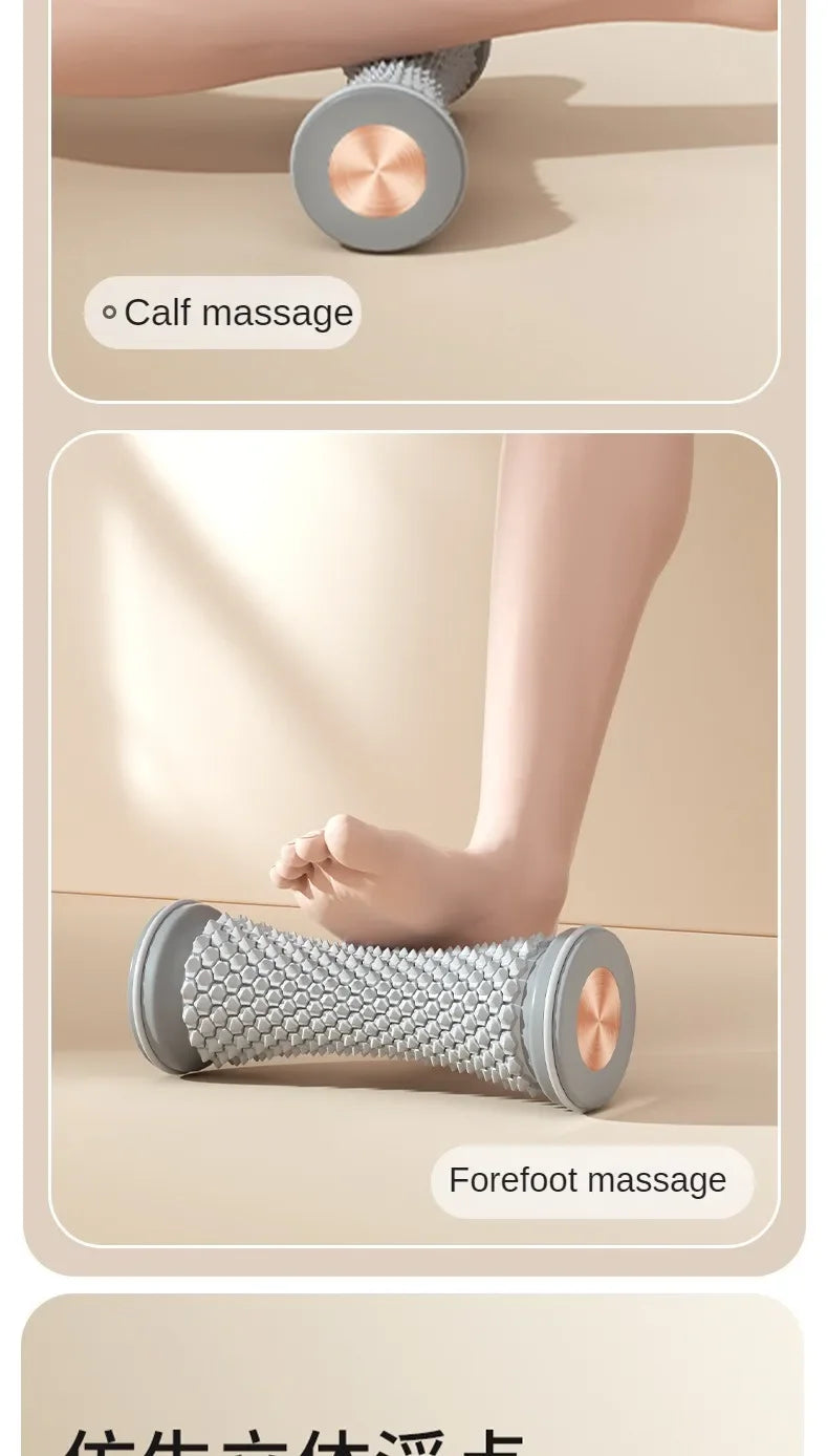 Foot massage roller used for calf and forefoot stimulation with textured surface and metallic ends