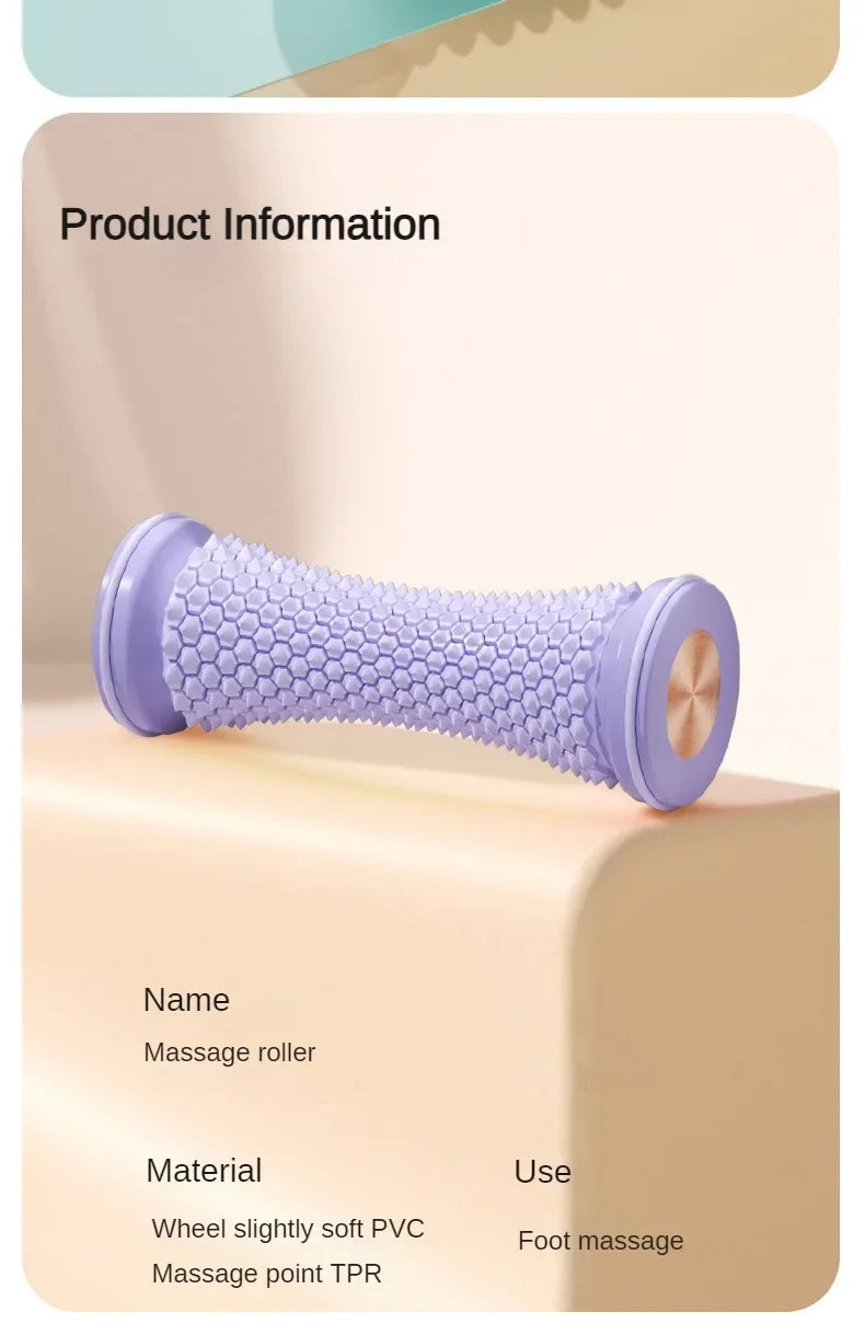 Purple massage roller with rounded protrusions and metallic ends, labeled with material and use details