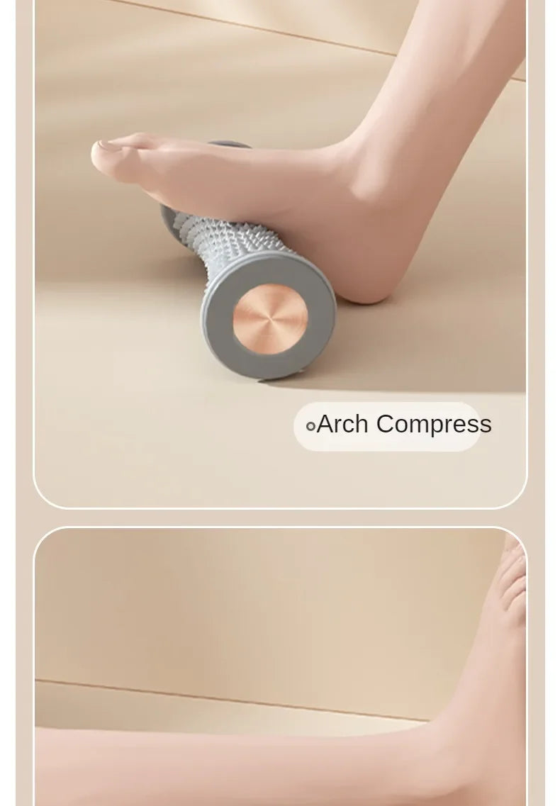 Gray massage roller applying compression to foot arch for plantar relief