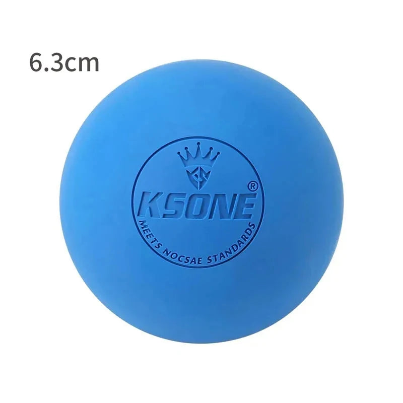 Close-up of blue KSONE massage ball with embossed branding and 6.3 cm diameter label