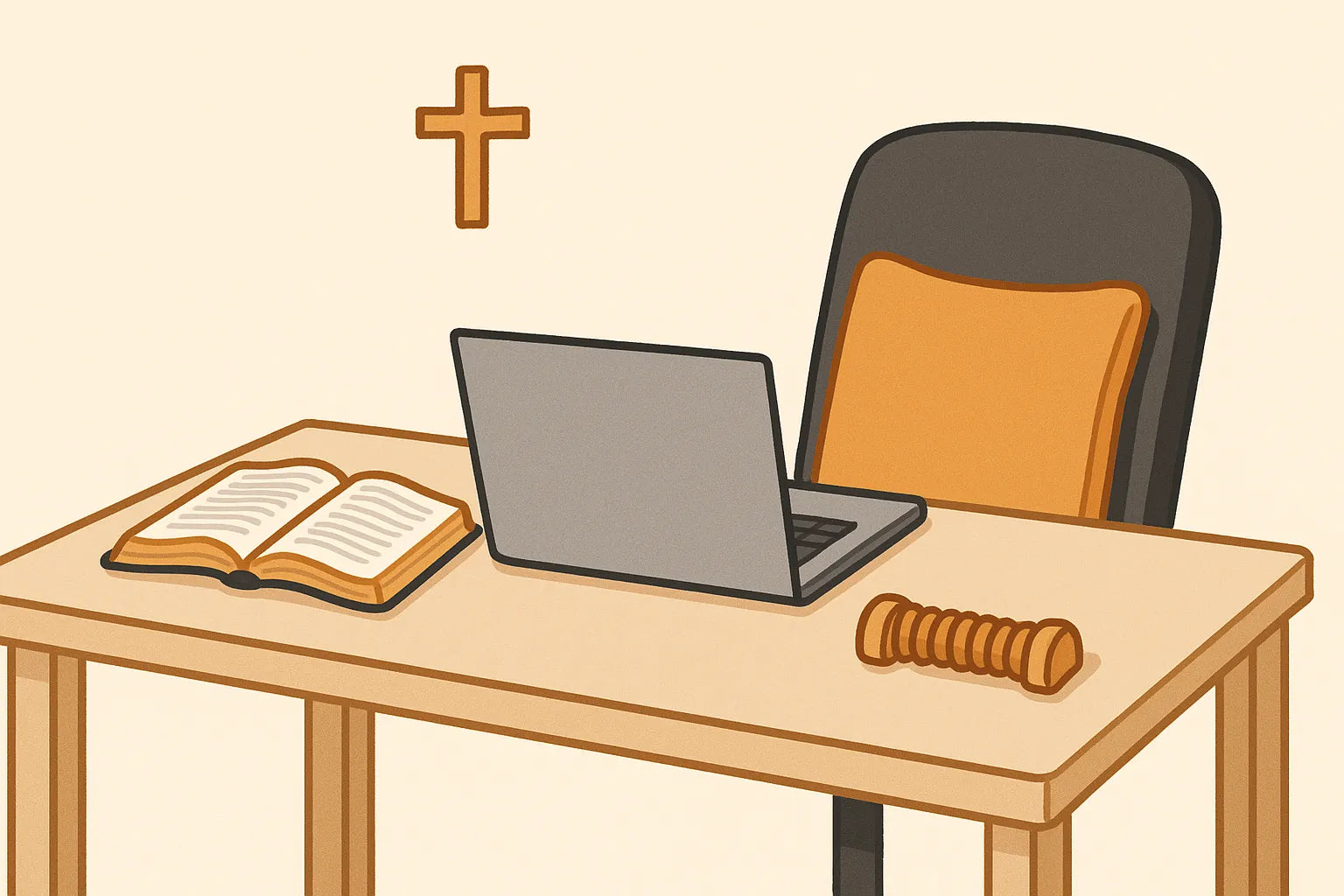 Warm minimalist illustration of a Christian desk with an open Bible, laptop, lumbar cushion on a chair, and a wooden foot roller, representing the faith-filled desk-wellness style of Smarty Logic.