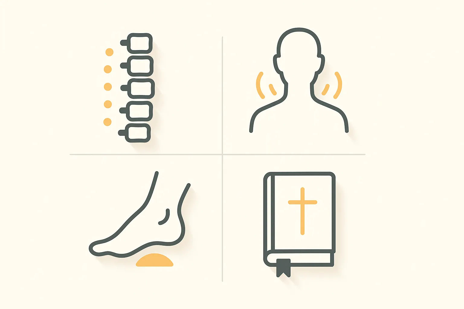 Infographic with icons for spine relief, neck tension support, foot recovery, and prayerful desk resets, designed for Christian desk-wellness routines.