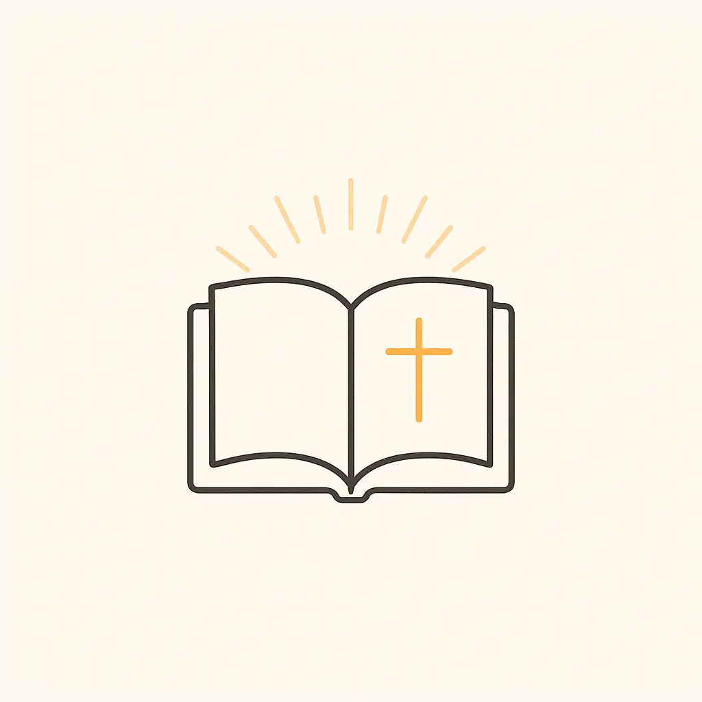 Minimal line icon of an open Bible illustrating Scripture-rooted desk wellness and Christ-centered workday encouragement.