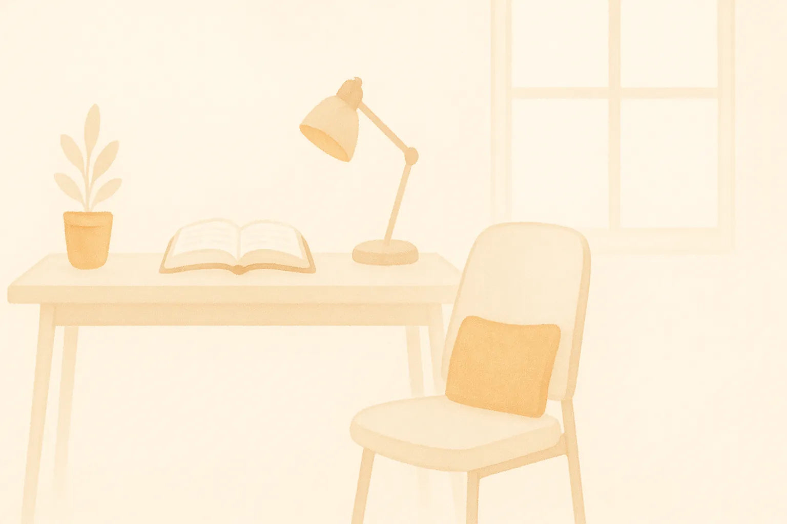 Soft background illustration of a peaceful home workspace with a desk, chair, lumbar cushion, and an open Bible, designed in warm cream tones for a calm Christian desk-wellness setting.
